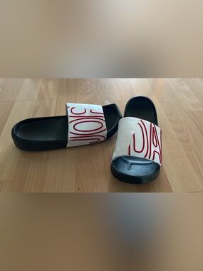 Nike White and Red Slide Sandals